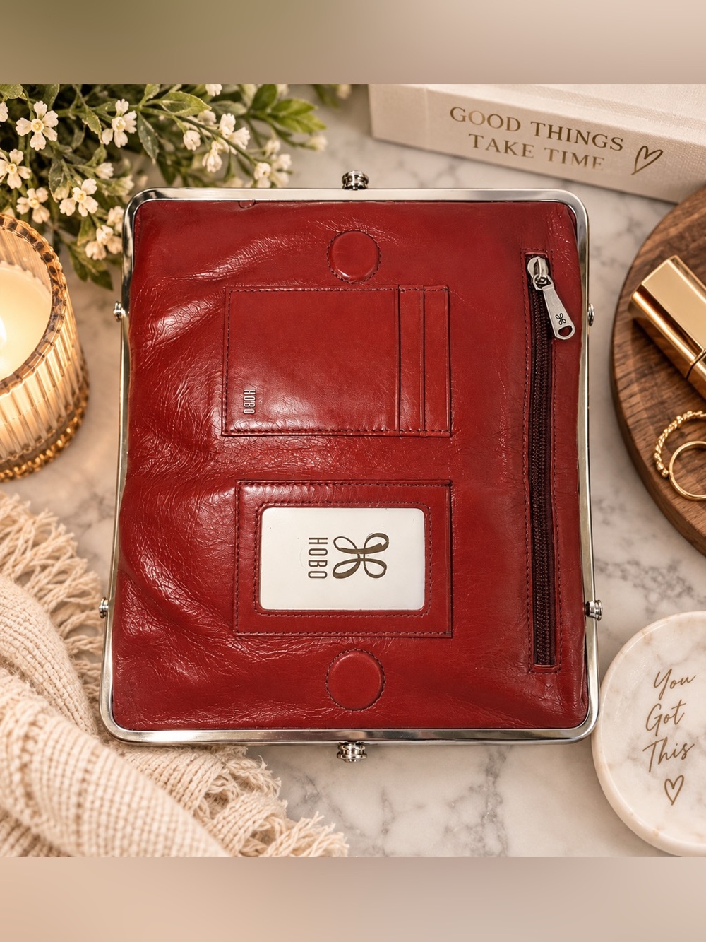 HOBO Lauren Brick Red Leather Double Frame Clutch Wallet Kiss Lock